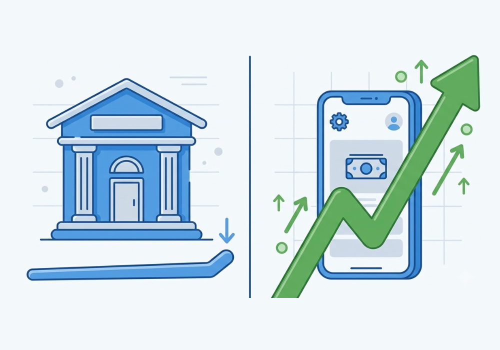 Comparison of a traditional bank branch and online banks and fintech apps showing higher savings rates