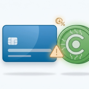 Credit card being used to buy cryptocurrency with fee warning symbols