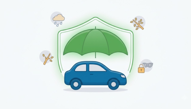 A car protected from non-collision events like theft, weather, and falling objects