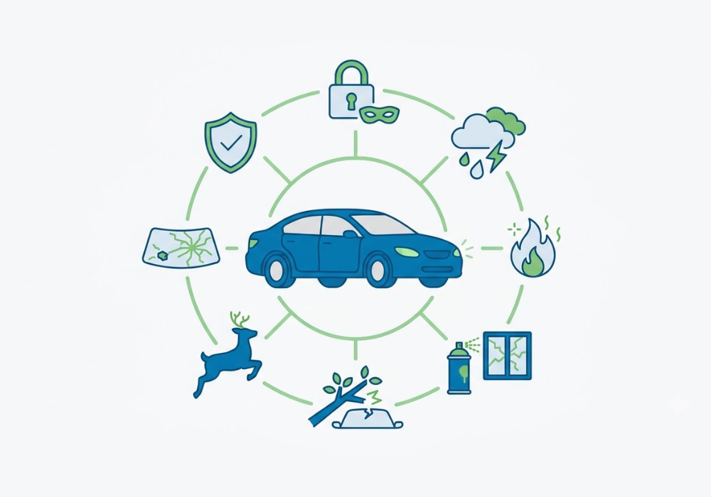 What comprehensive car insurance covers, including theft, weather, fire, vandalism, and hitting an animal