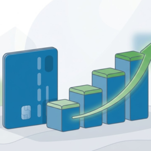 Credit builder card with a rising credit score representing building credit