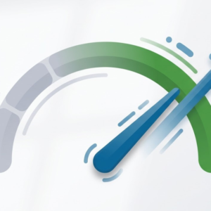 Credit score gauge rising from a low score toward a higher score