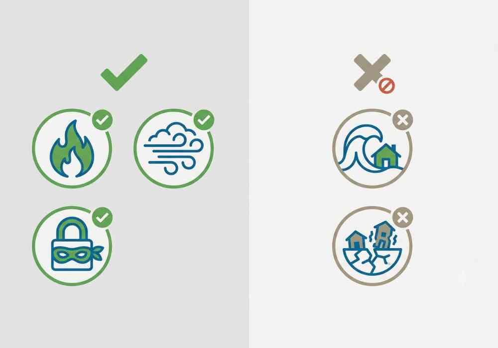 What house insurance covers, like fire and theft, versus what it excludes, like floods and earthquakes