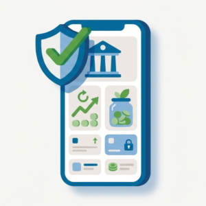 Smartphone banking app with a security shield representing safe online banking