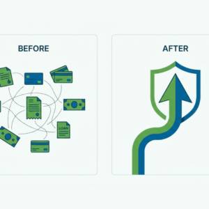 Illustration of high-interest credit card debt being consolidated into one fixed personal loan payment